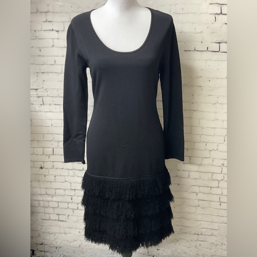 Calvin Klein Black Scoop Neck Fringe Hem Sweater Dress Sz M U1